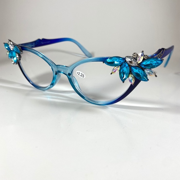 OOAK Vintage Vixen blue ombre frames with Turquoise rhinestones +.50 & +2.25 - Picture 8 of 9